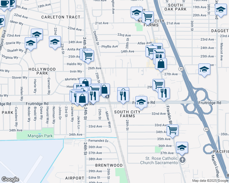 map of restaurants, bars, coffee shops, grocery stores, and more near 2700 29th Avenue in Sacramento