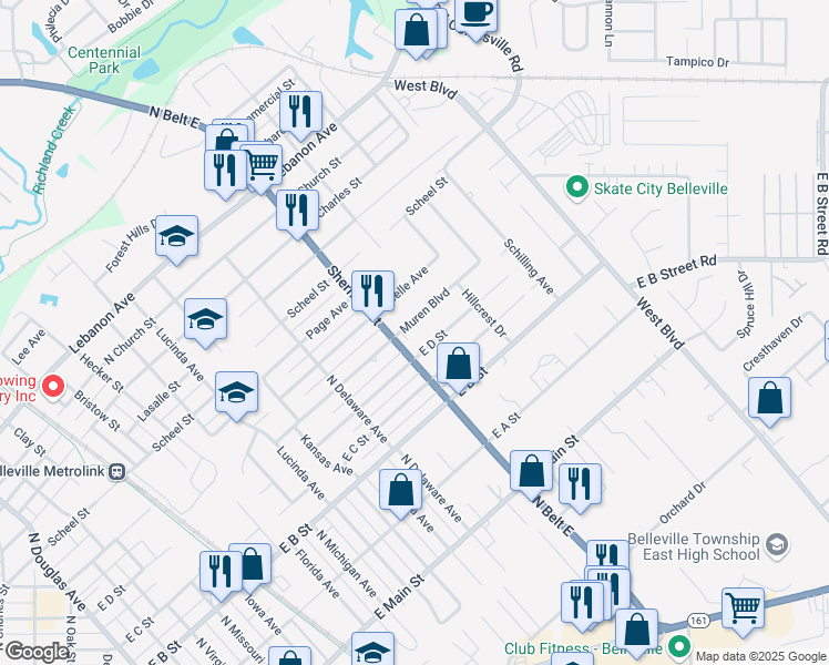 map of restaurants, bars, coffee shops, grocery stores, and more near 1911 East D Street in Belleville