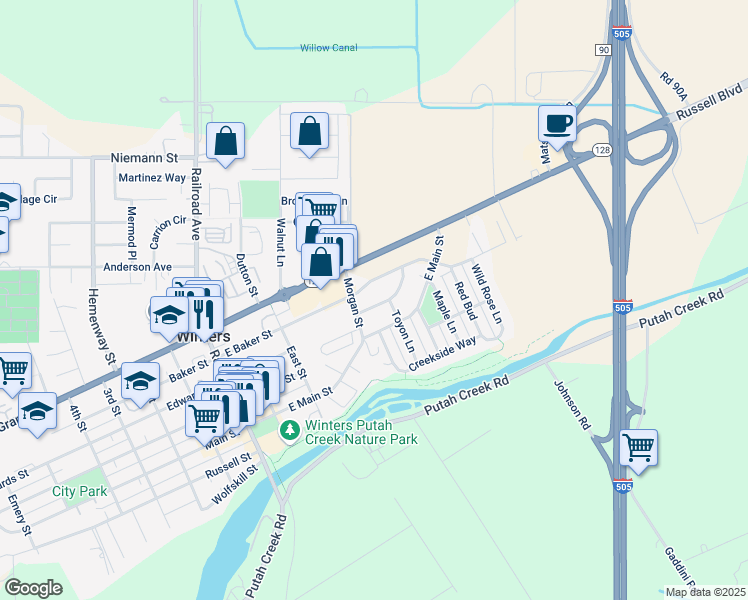 map of restaurants, bars, coffee shops, grocery stores, and more near 213 White Oak Lane in Winters