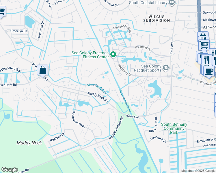 map of restaurants, bars, coffee shops, grocery stores, and more near 33805 Waterside Drive in Frankford
