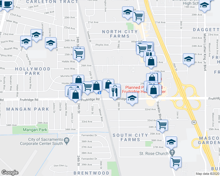 map of restaurants, bars, coffee shops, grocery stores, and more near 2740 29th Avenue in Sacramento