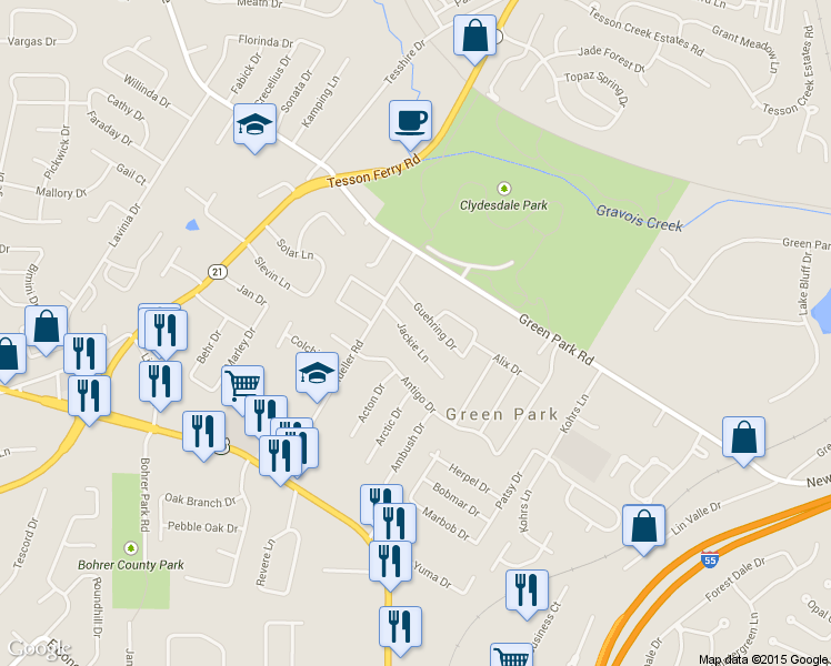 map of restaurants, bars, coffee shops, grocery stores, and more near 9733 Jackie Ln in St Louis