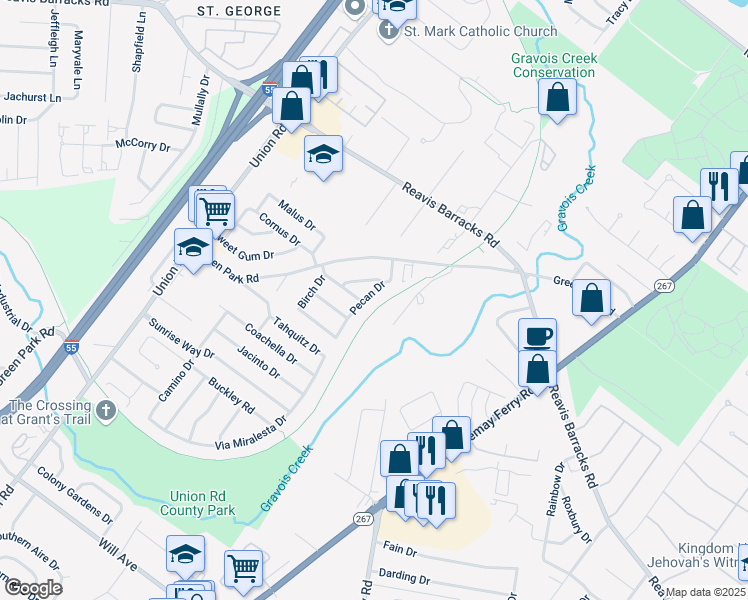 map of restaurants, bars, coffee shops, grocery stores, and more near 2242 Pecan Drive in Saint Louis