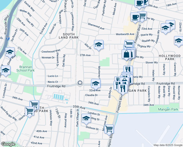 map of restaurants, bars, coffee shops, grocery stores, and more near 1444 Arvilla Drive in Sacramento