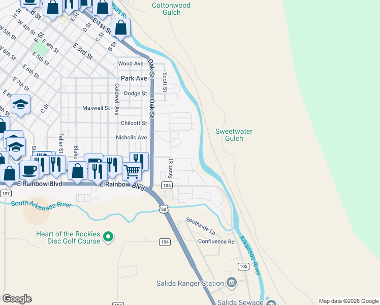 map of restaurants, bars, coffee shops, grocery stores, and more near 1040 Illinois Avenue in Salida