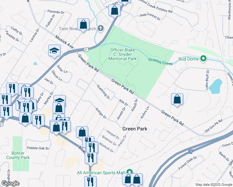 map of restaurants, bars, coffee shops, grocery stores, and more near 9603 Arno Drive in St. Louis