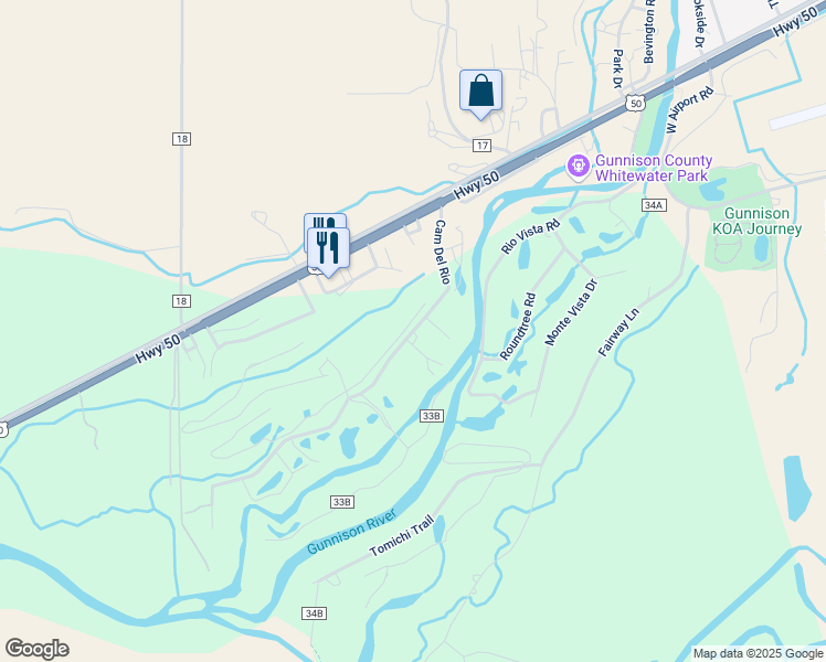 map of restaurants, bars, coffee shops, grocery stores, and more near 327 Camino Del Rio in Gunnison