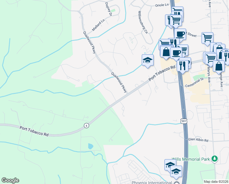 map of restaurants, bars, coffee shops, grocery stores, and more near 8 Walnut Hill Rd in La Plata
