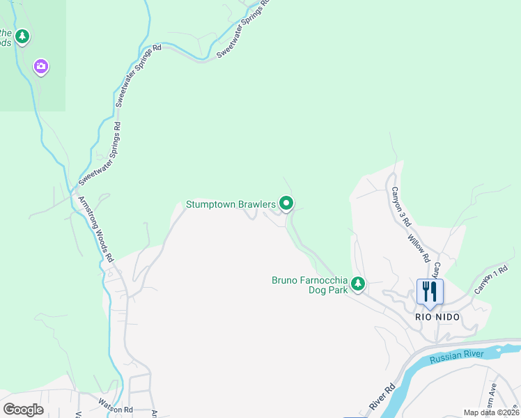 map of restaurants, bars, coffee shops, grocery stores, and more near 15246 Rio Nido Road in Guerneville