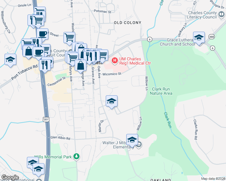 map of restaurants, bars, coffee shops, grocery stores, and more near 10 Candleberry Drive in La Plata