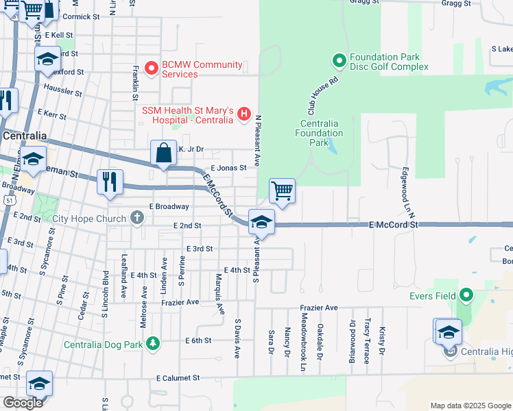 map of restaurants, bars, coffee shops, grocery stores, and more near 1299 E Broadway in Centralia