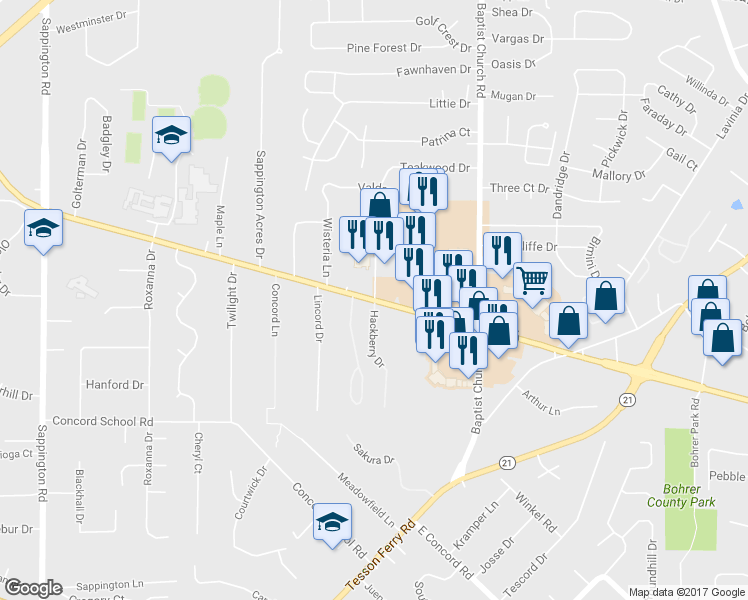 map of restaurants, bars, coffee shops, grocery stores, and more near 5250 S Lindbergh Blvd in St Louis