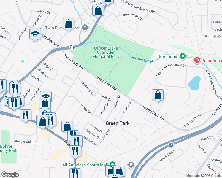 map of restaurants, bars, coffee shops, grocery stores, and more near 9510 Green Park Road in St. Louis