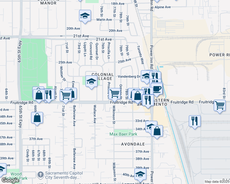 map of restaurants, bars, coffee shops, grocery stores, and more near 5460 Bradford Drive in Sacramento