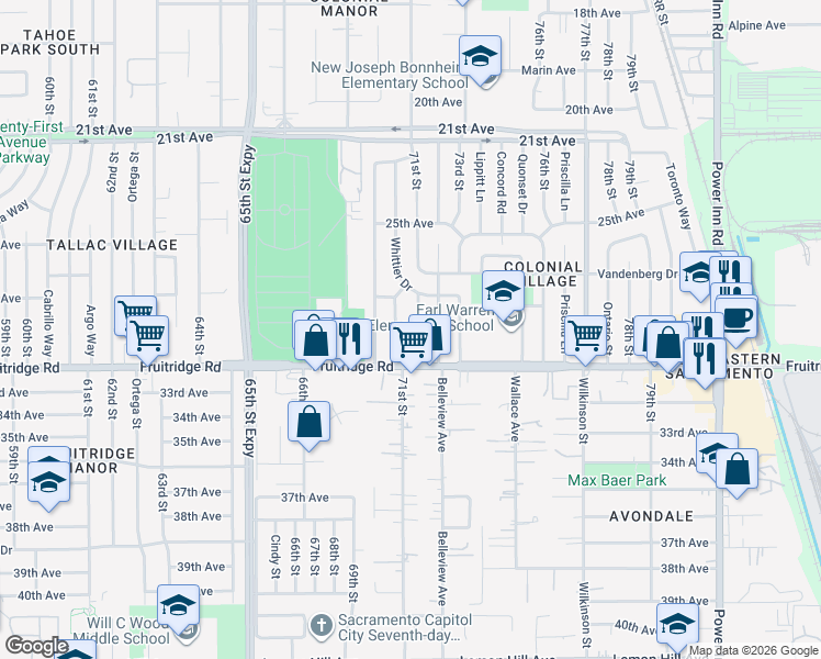 map of restaurants, bars, coffee shops, grocery stores, and more near 5500 Emerson Road in Sacramento