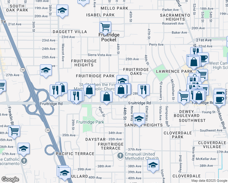 map of restaurants, bars, coffee shops, grocery stores, and more near 5500 44th Street in Sacramento