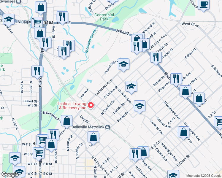 map of restaurants, bars, coffee shops, grocery stores, and more near 1217 North Church Street in Belleville