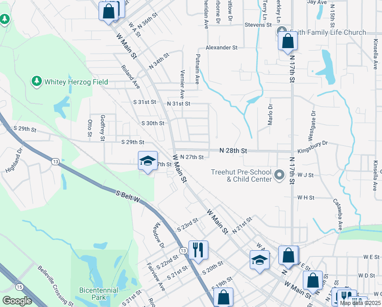 map of restaurants, bars, coffee shops, grocery stores, and more near 104 North 27th Street in Belleville