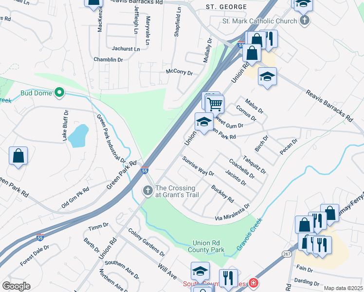 map of restaurants, bars, coffee shops, grocery stores, and more near 2437 Union Road in St. Louis