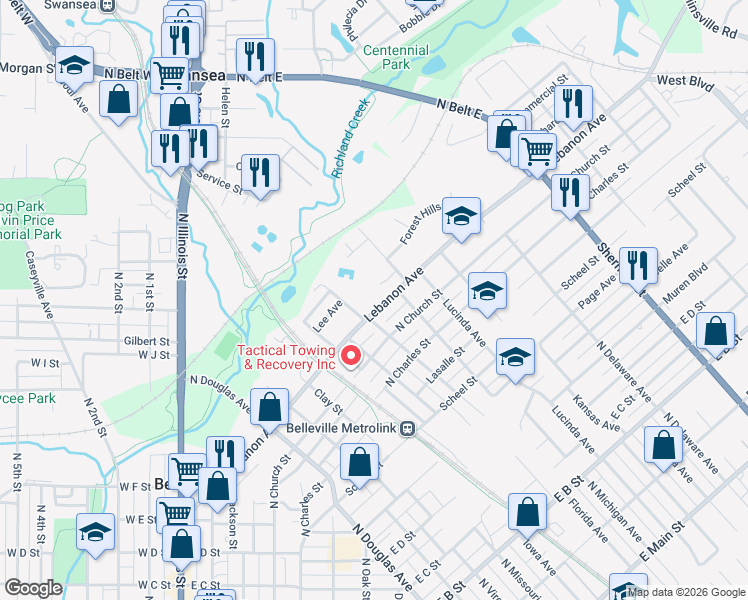 map of restaurants, bars, coffee shops, grocery stores, and more near 807 Lebanon Avenue in Belleville