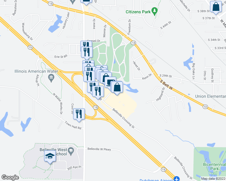 map of restaurants, bars, coffee shops, grocery stores, and more near 5601 Belleville Crossing Street in Belleville