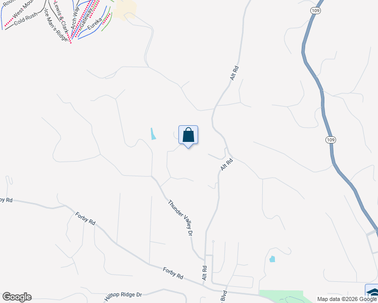 map of restaurants, bars, coffee shops, grocery stores, and more near 17308 Thunder Creek Road in Eureka