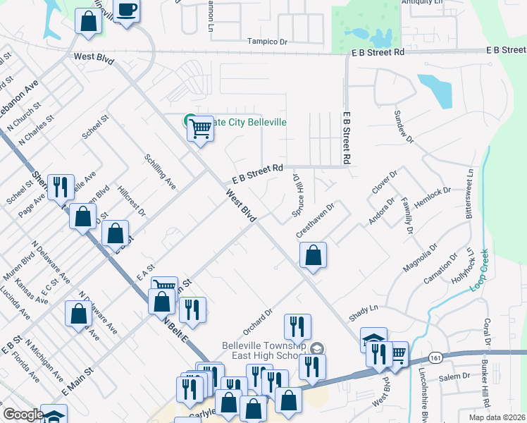 map of restaurants, bars, coffee shops, grocery stores, and more near 1729 Spruce Hill Drive in Belleville