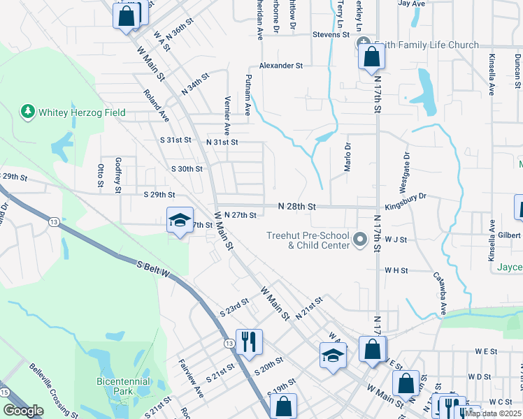 map of restaurants, bars, coffee shops, grocery stores, and more near 134 North 28th Street in Belleville