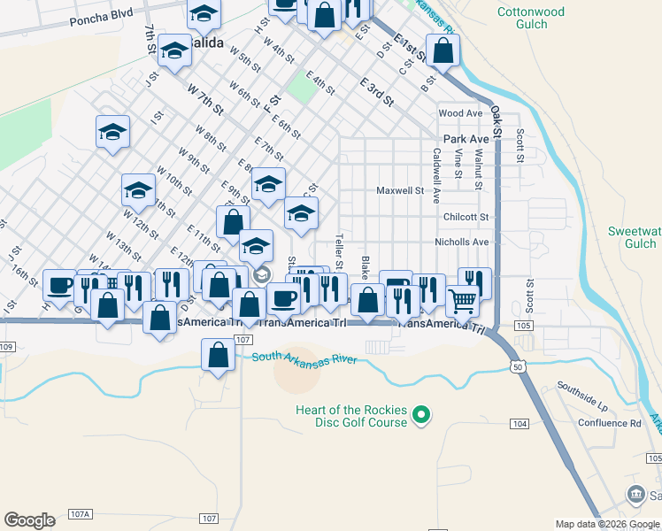 map of restaurants, bars, coffee shops, grocery stores, and more near 516 Teller Street in Salida