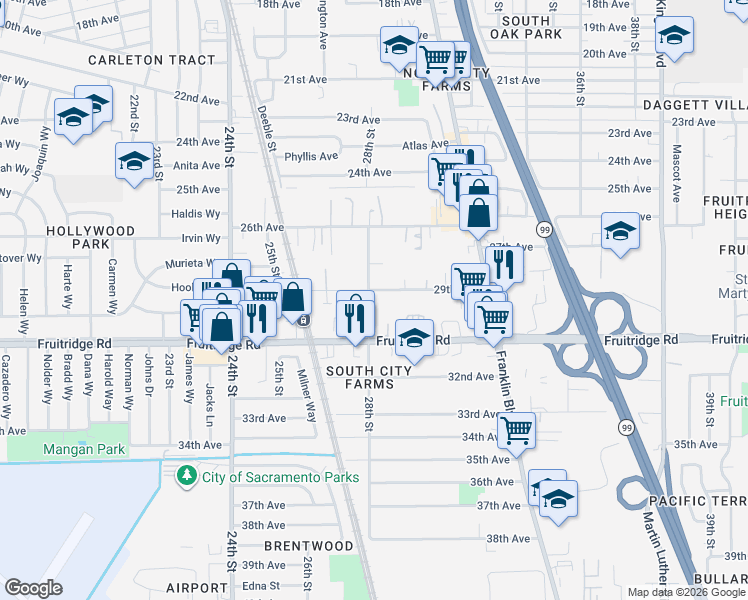 map of restaurants, bars, coffee shops, grocery stores, and more near 5490 28th Street in Sacramento