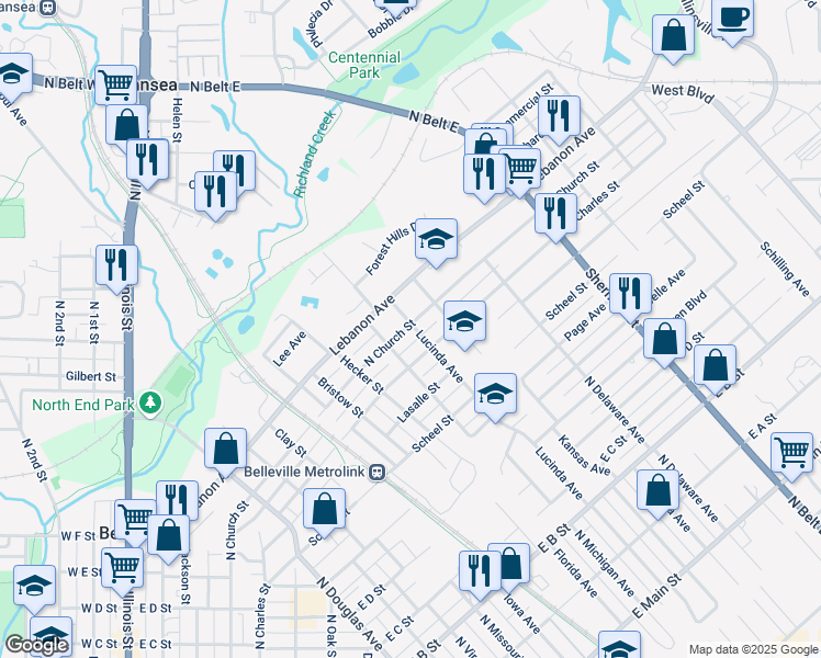 map of restaurants, bars, coffee shops, grocery stores, and more near 1320 North Church Street in Belleville