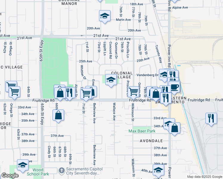 map of restaurants, bars, coffee shops, grocery stores, and more near 5420 Lowell Street in Sacramento