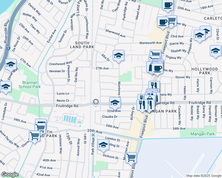 map of restaurants, bars, coffee shops, grocery stores, and more near 1444 Arvilla Drive in Sacramento
