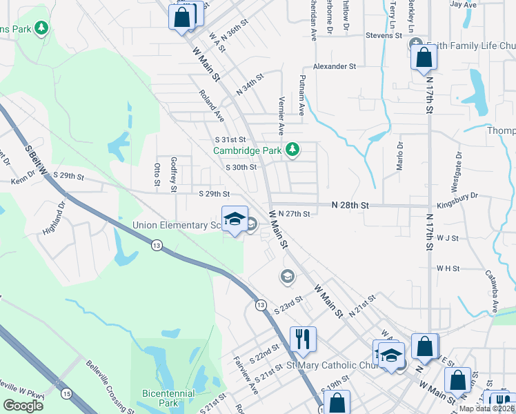 map of restaurants, bars, coffee shops, grocery stores, and more near in Belleville