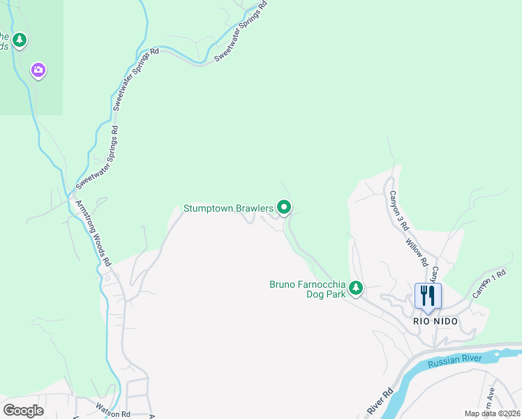 map of restaurants, bars, coffee shops, grocery stores, and more near 15246 Rio Nido Road in Guerneville