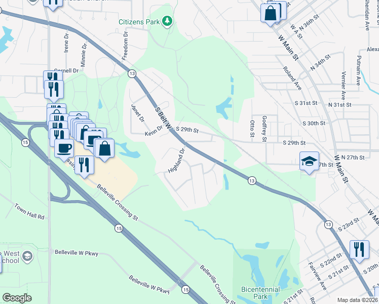 map of restaurants, bars, coffee shops, grocery stores, and more near 2808 South Belt West in Belleville