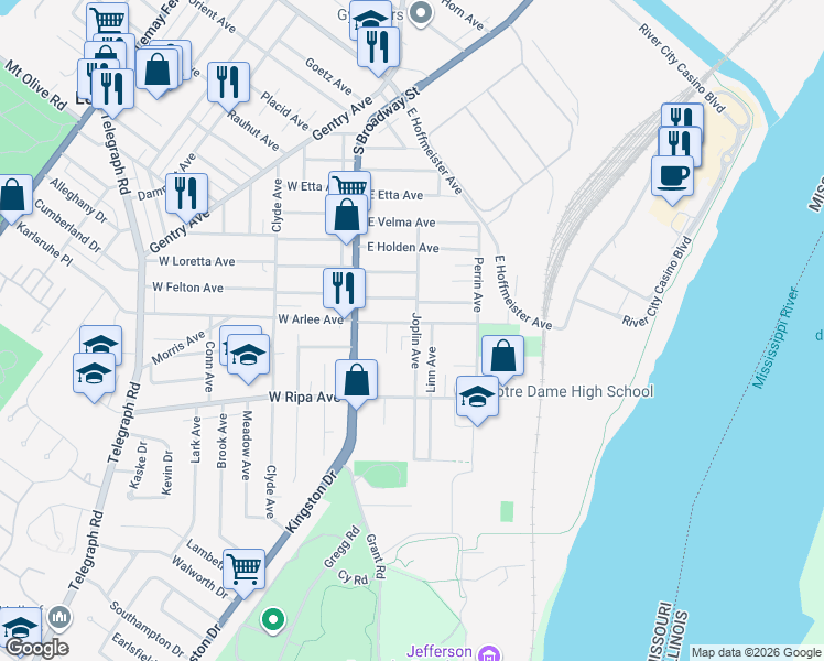 map of restaurants, bars, coffee shops, grocery stores, and more near 9817 Linn Avenue in St. Louis