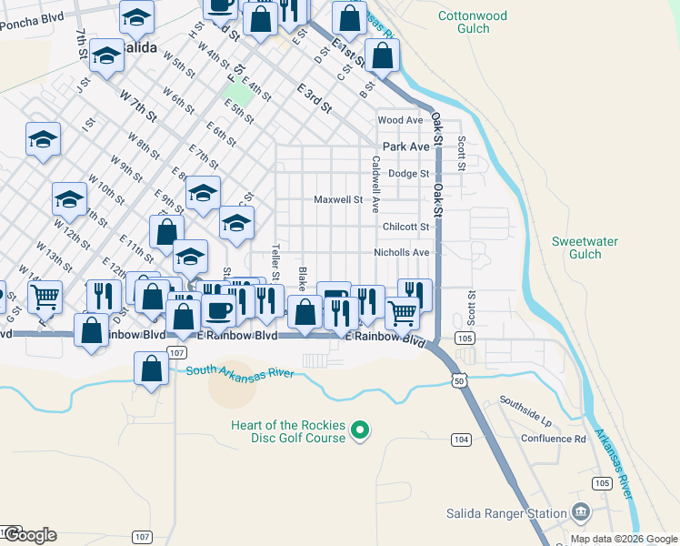 map of restaurants, bars, coffee shops, grocery stores, and more near 550 Palmer Street in Salida