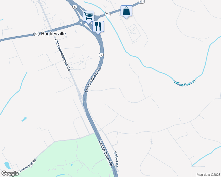 map of restaurants, bars, coffee shops, grocery stores, and more near Homeland Drive in Hughesville