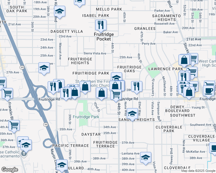 map of restaurants, bars, coffee shops, grocery stores, and more near 5500 44th Street in Sacramento
