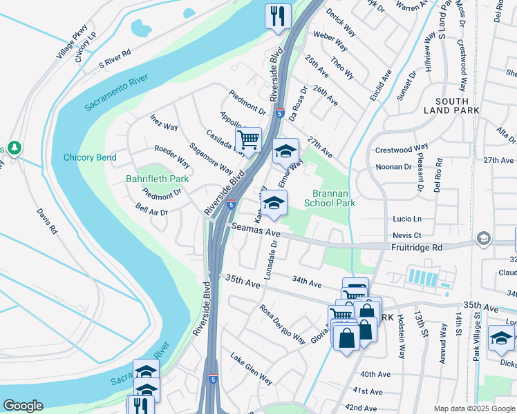 map of restaurants, bars, coffee shops, grocery stores, and more near 5545 Dorset Way in Sacramento