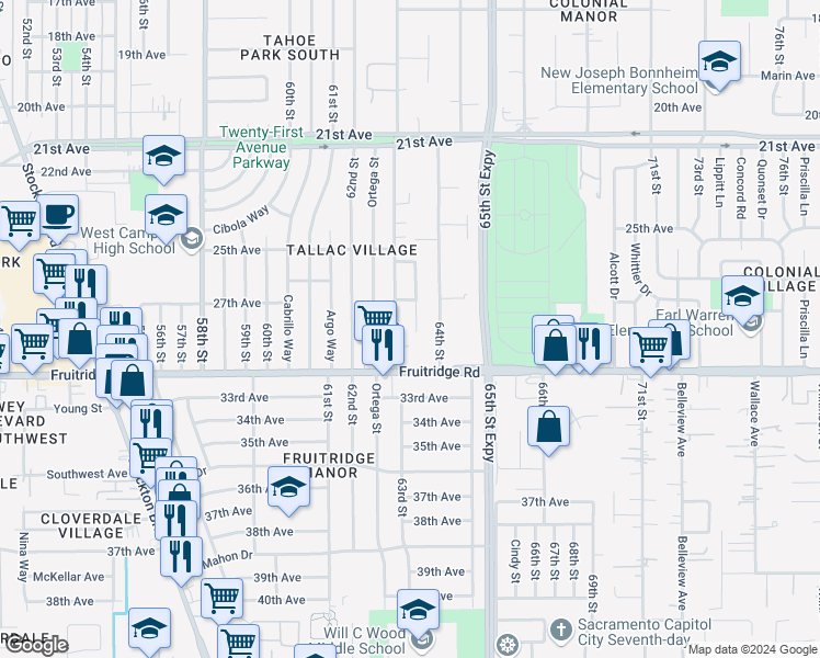 map of restaurants, bars, coffee shops, grocery stores, and more near 5318 Nelson Street in Sacramento