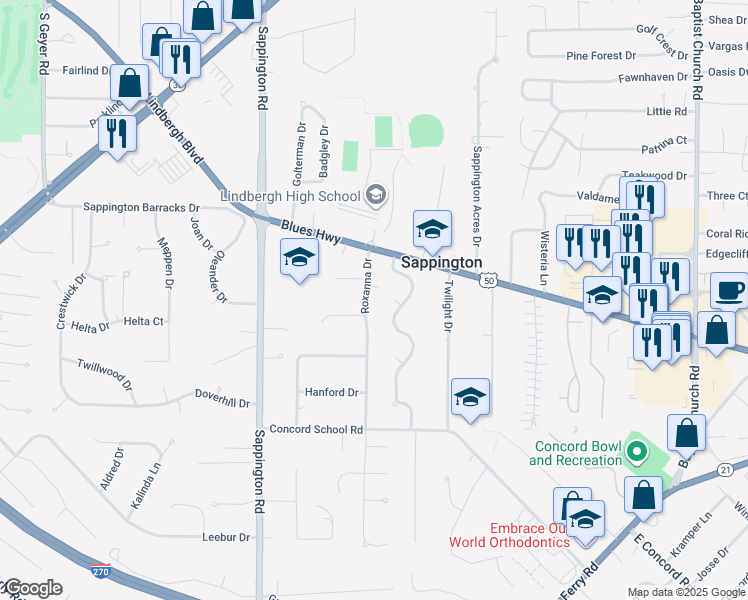 map of restaurants, bars, coffee shops, grocery stores, and more near 10573 Hackamore Lane in Sappington