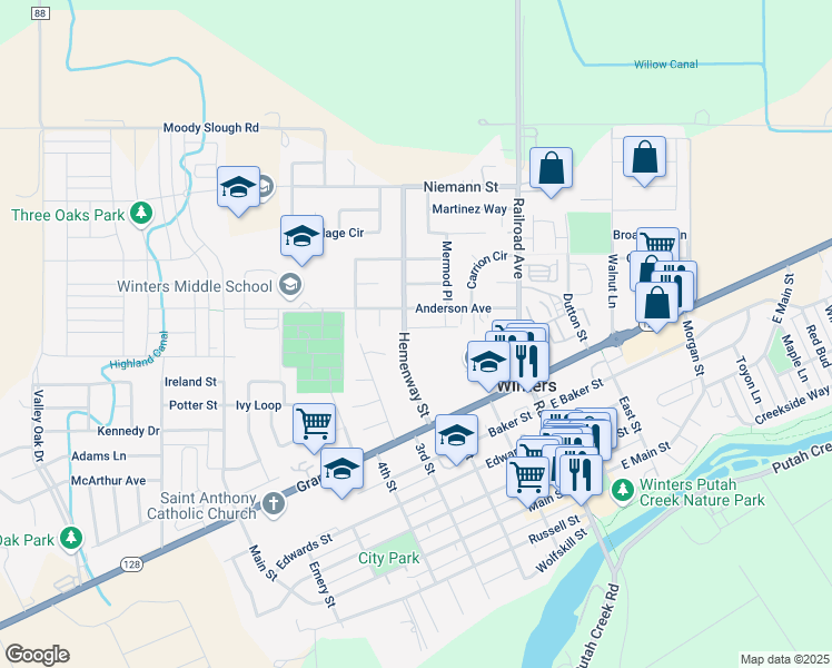 map of restaurants, bars, coffee shops, grocery stores, and more near 726 Hemenway Street in Winters