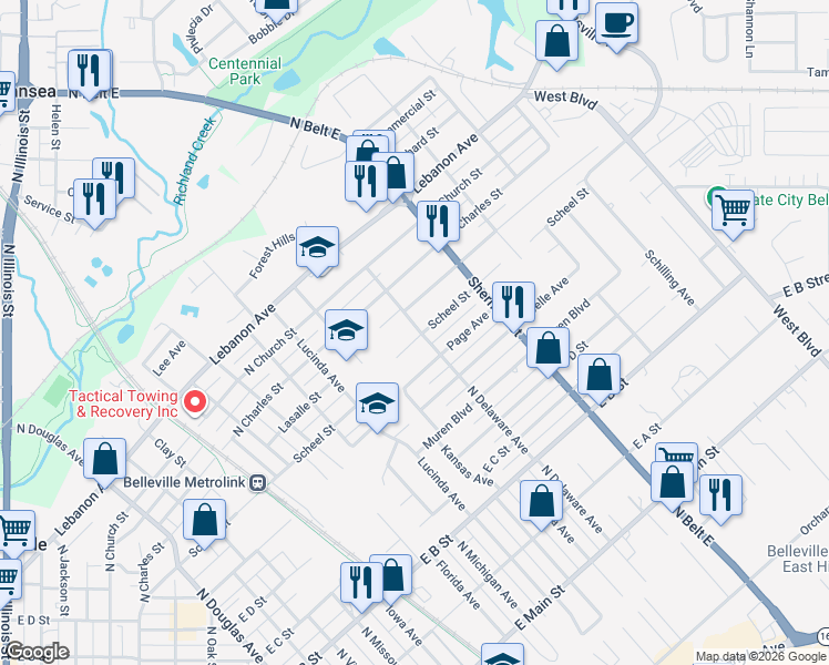 map of restaurants, bars, coffee shops, grocery stores, and more near 1710 Scheel Street in Belleville