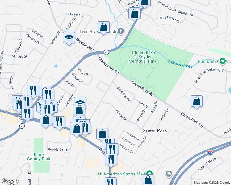 map of restaurants, bars, coffee shops, grocery stores, and more near 9733 Jackie Lane in St. Louis