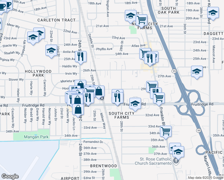 map of restaurants, bars, coffee shops, grocery stores, and more near 2712 29th Avenue in Sacramento