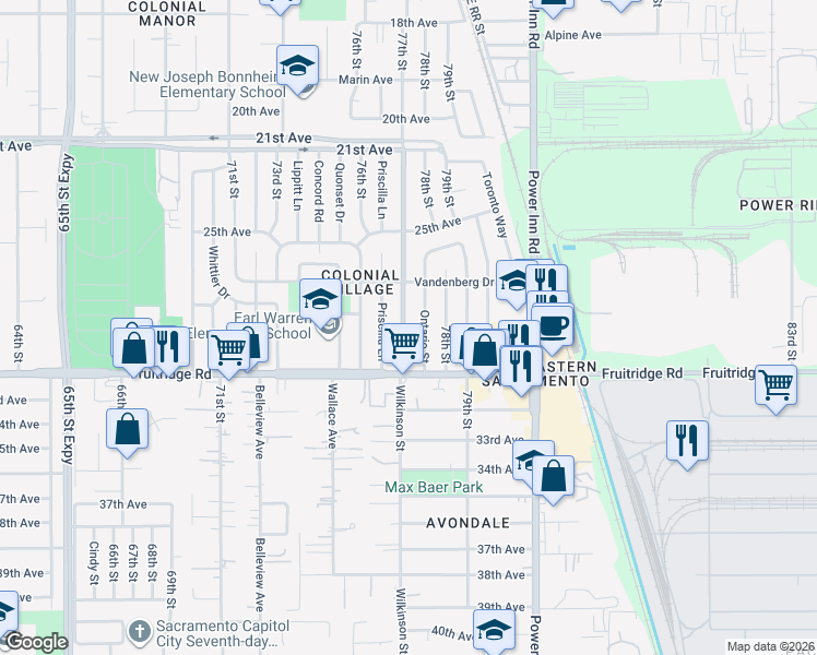 map of restaurants, bars, coffee shops, grocery stores, and more near 5460 Bradford Drive in Sacramento