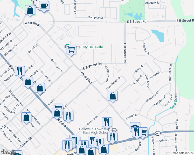 map of restaurants, bars, coffee shops, grocery stores, and more near 1729 Spruce Hill Drive in Belleville
