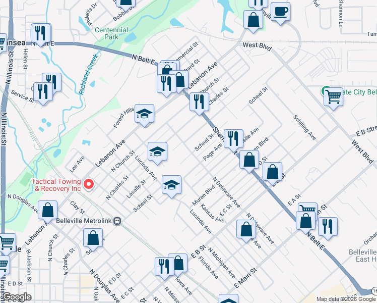 map of restaurants, bars, coffee shops, grocery stores, and more near 1710 Scheel Street in Belleville